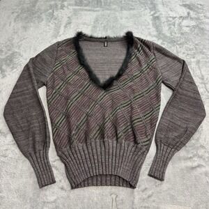 Vintage Scanlan & Theodore Rabbit Fur Trim Knit Sweater Womens M Indie RARE